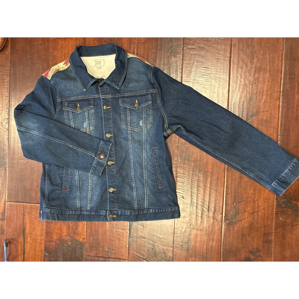 Frye and Co Denim Trucker Jacket Mens XLT Blue Distressed Aztec-Western Yoke